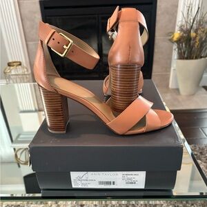 Ann Taylor Tan Leather Ankle-Strap Block Heel Sandals